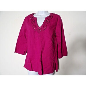 Old Navy Womens Medium Linen Tunic Magenta Beaded Artsy Pink Lagenlook Colorful